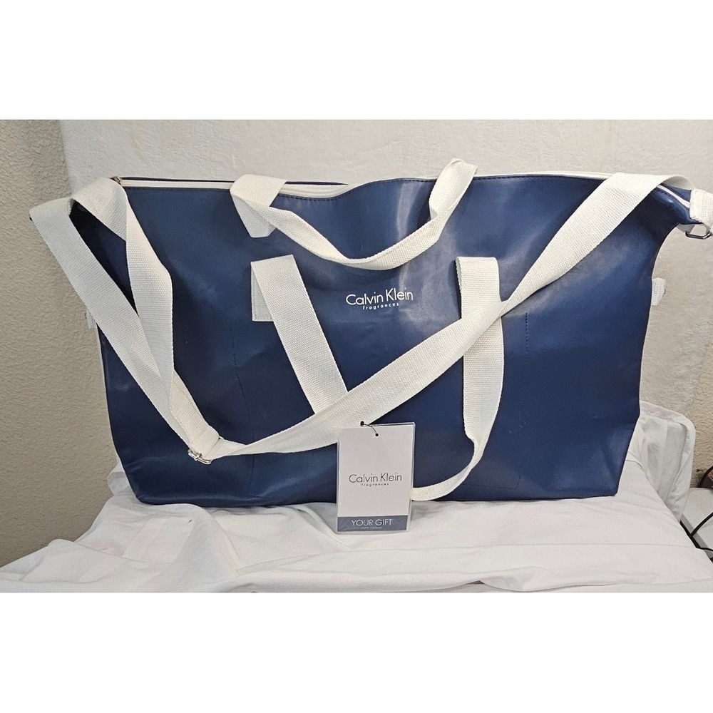 Calvin Klein Navy Blue White Large Zip Tote Bag Weekender Gym New